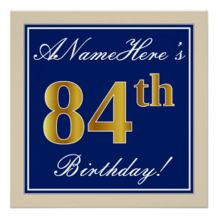 Póster Elegante, Azul, Faux Gold 84th Birthday + Nombre