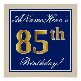 Póster Elegante, Azul, Faux Gold 85th Birthday + Nombre