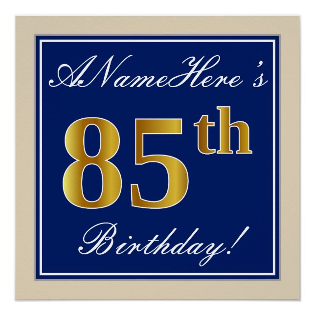 Póster Elegante, Azul, Faux Gold 85th Birthday + Nombre (Anverso)