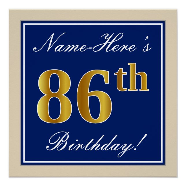 Póster Elegante, Azul, Faux Gold 86th Birthday + Nombre (Anverso)