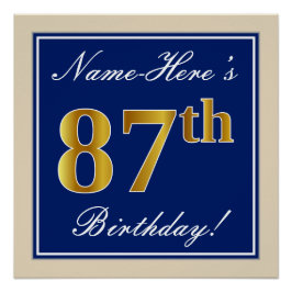 Póster Elegante, Azul, Faux Gold 87th Birthday + Nombre