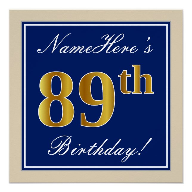 Póster Elegante, Azul, Faux Gold 89th Birthday + Nombre (Anverso)