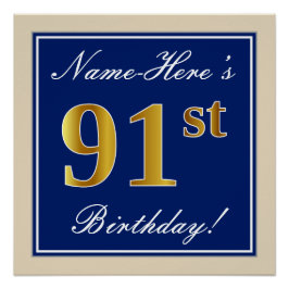 Póster Elegante, Azul, Faux Gold 91st Birthday + Nombre
