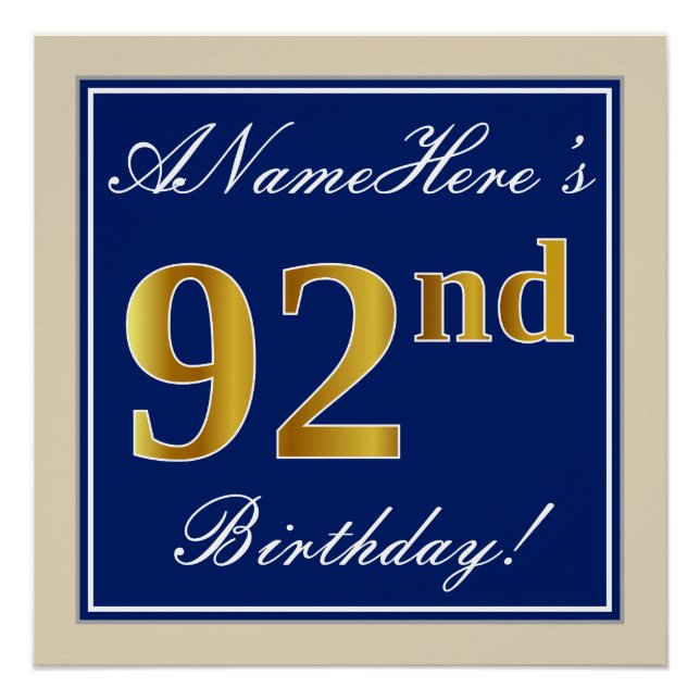 Póster Elegante, Azul, Faux Gold 92nd Birthday + Nombre (Anverso)