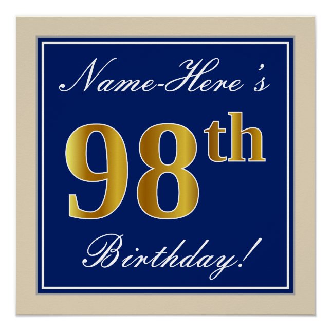 Póster Elegante, Azul, Faux Gold 98th Birthday + Nombre (Anverso)
