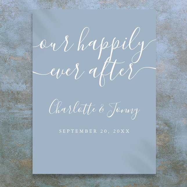 Póster Elegante azul turbio feliz para siempre después de (Elegant Dusty Blue Happily Ever After Wedding Sign)