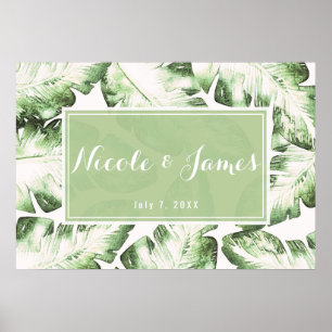 Póster Elegante Banner de Boda con Hojas Tropicales Blanc