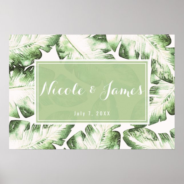 Póster Elegante Banner de Boda de Hojas Tropicales Blanca (Frente)