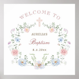 Póster Elegante Baptismo De Marco Floral Bienvenida