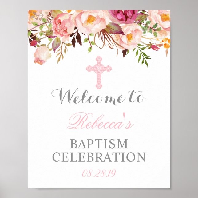 Póster Elegante baptismo floral Christening Signo de bien (Frente)