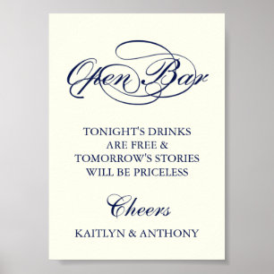 Póster Elegante Bar Boda de Navy Blue & Ivory Script