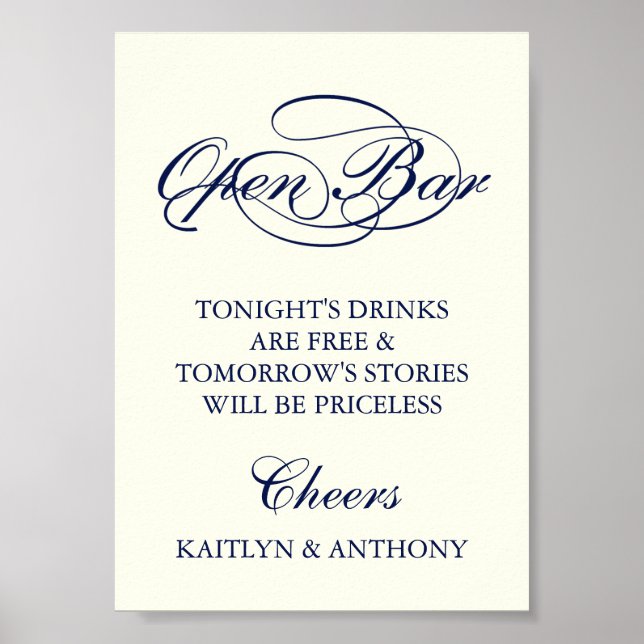 Póster Elegante Bar Boda de Navy Blue & Ivory Script (Frente)