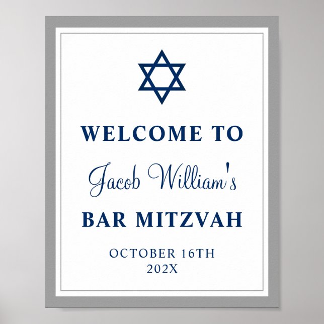 Póster Elegante bar gris y azul marino Mitzvah Bienvenido (Frente)