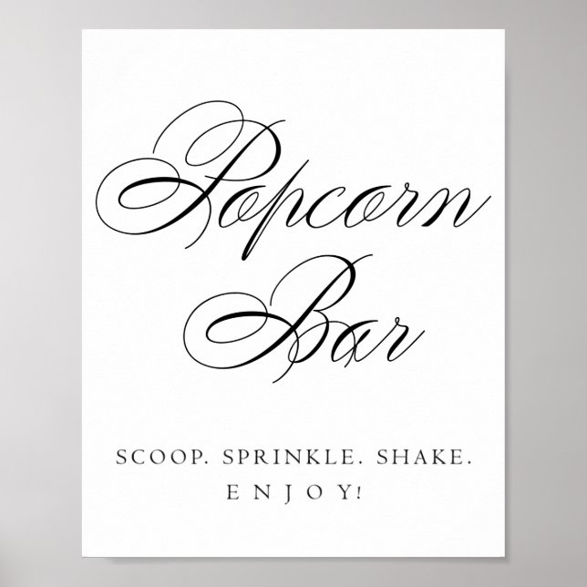 Póster Elegante Bar Popcorn Caligrafía negra | Tabla de M (Frente)