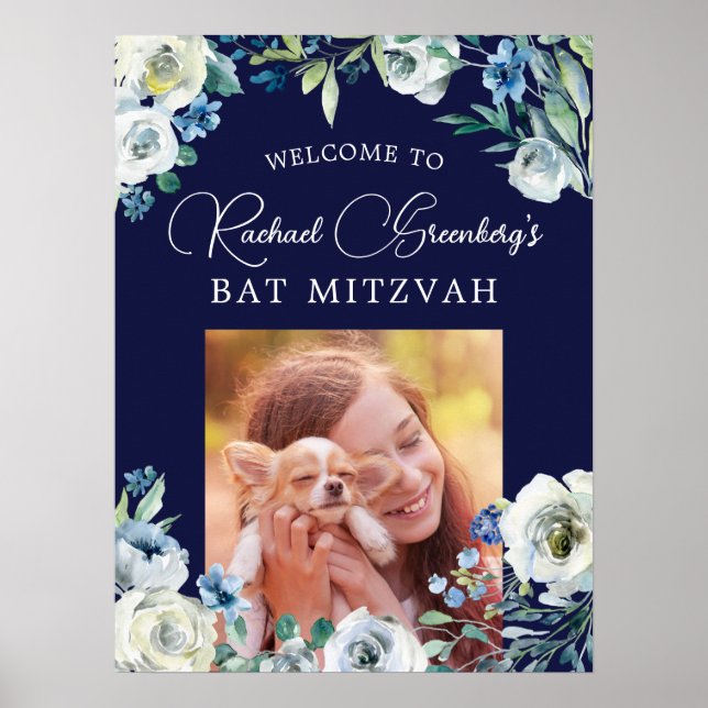 Póster Elegante Bat Floral Azul de la Marina Mitzvah Bien (Frente)