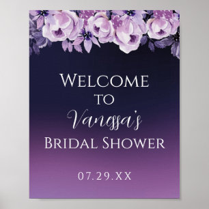 Póster Elegante Bienvenida a la Ducha Nupcial Floral Púrp