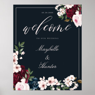 Póster Elegante bienvenida acuarela Borgoña y floral nava