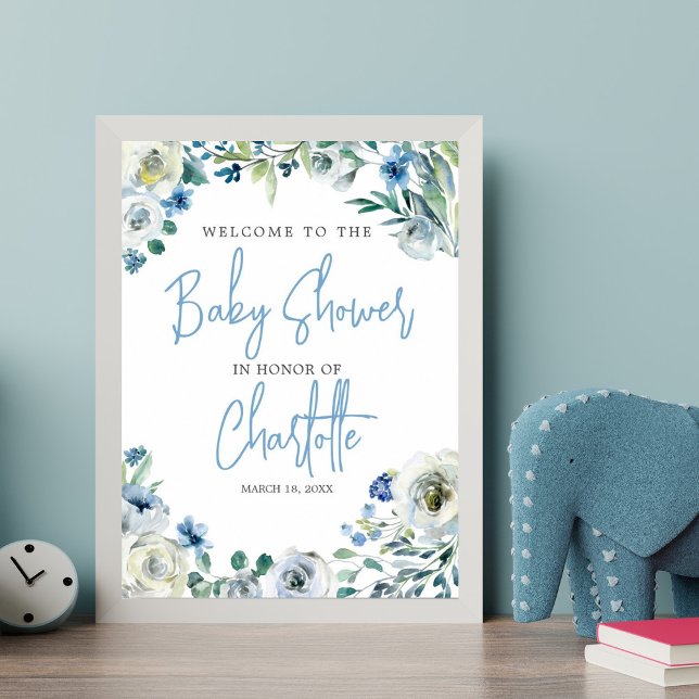 Póster Elegante bienvenida Baby Shower Blue Floral Spring (Subido por el creador)