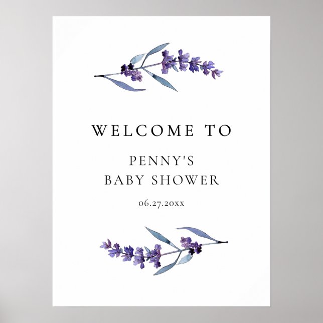 Póster Elegante bienvenida Baby Shower Floral Lavender (Frente)