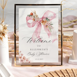 Póster Elegante bienvenida Baby Shower Floral Pink Bow
