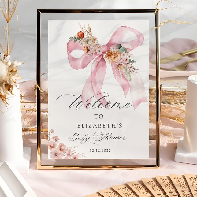 Póster Elegante bienvenida Baby Shower Floral Pink Bow (Subido por el creador)