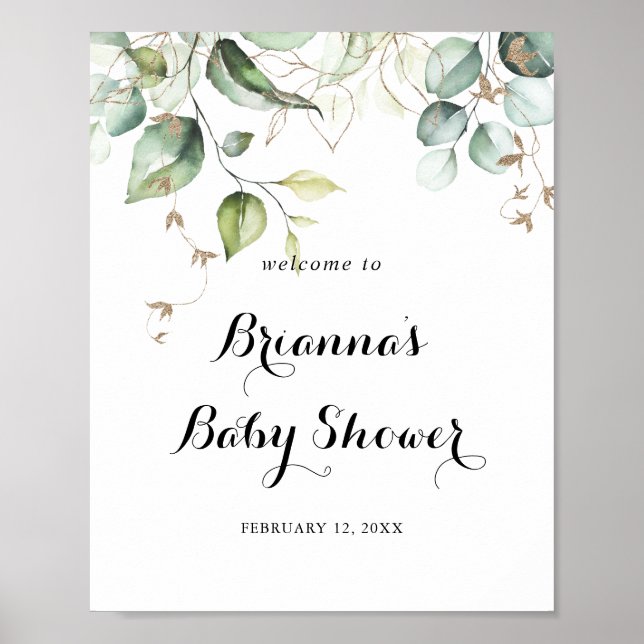 Póster Elegante bienvenida Baby Shower Gold Greenery (Frente)