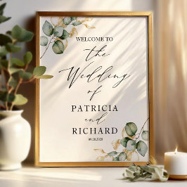 Póster Elegante bienvenida Boda de la vegetación dorada