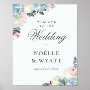 Póster Elegante Bienvenida Botánica de Boda Azul Claro