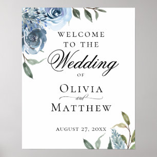 Póster Elegante Bienvenida Botánica de Boda Azul Polvorie