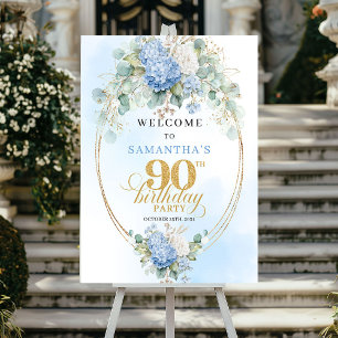 Póster Elegante Bienvenida Cumpleaños 90 Floral Azul Past