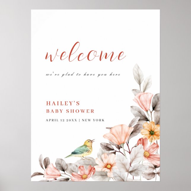 Póster Elegante bienvenida de Baby Shower Boho Wildflower (Frente)