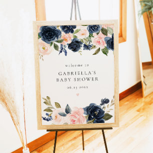 Póster Elegante bienvenida de Baby Shower con flores azul