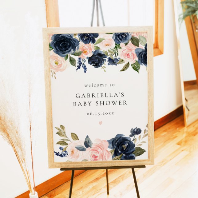 Póster Elegante bienvenida de Baby Shower con flores azul (Subido por el creador)