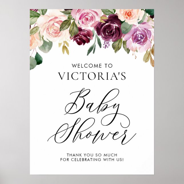 Póster Elegante bienvenida de Baby Shower con flores de b (Frente)