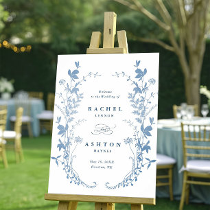 Póster Elegante Bienvenida de Boda Botánica Azul Francés