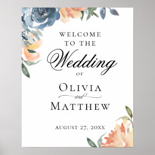 Póster Elegante Bienvenida de Boda Botánica Azul Melocotó