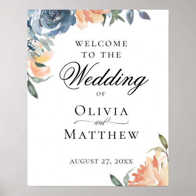 Póster Elegante Bienvenida de Boda Botánica Azul Melocotó (Frente)