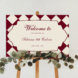 Póster Elegante Bienvenida de Boda Burgundy a Cuadros Ret