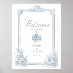 Póster Elegante Bienvenida de Boda con Borde Floral Polvo