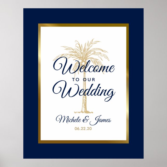 Póster Elegante Bienvenida de Boda con Palma de Oro Azul  (Frente)