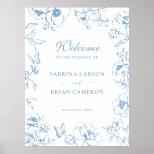 Póster Elegante Bienvenida de Boda de Jardín Floral Azul 