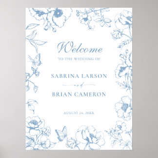 Póster Elegante Bienvenida de Boda de Jardín Floral Azul 