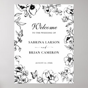 Póster Elegante Bienvenida de Boda de Jardín Floral Blanc