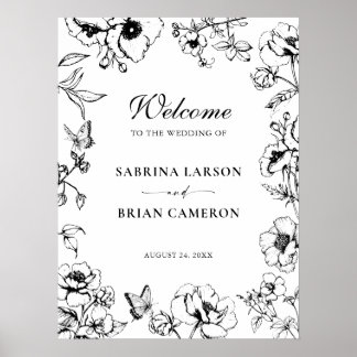 Póster Elegante Bienvenida de Boda de Jardín Floral Blanc