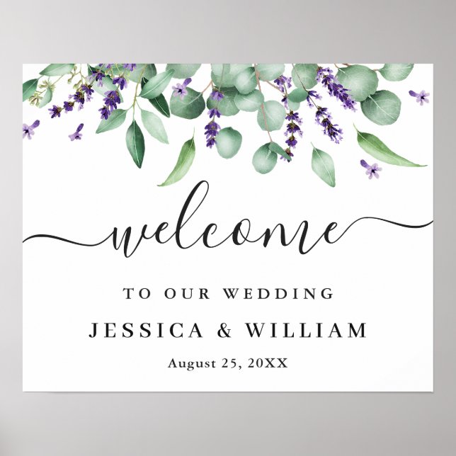 Póster Elegante bienvenida de boda de lavanda de eucalipt (Frente)