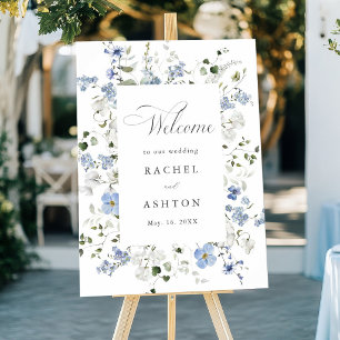 Póster Elegante Bienvenida de Boda Floral Azul Blanco Ver