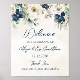Póster Elegante Bienvenida de Boda Floral Azul de Inviern