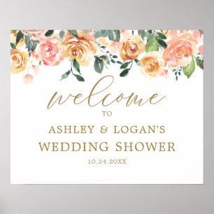 Póster Elegante Bienvenida de Boda Floral de Melocotón Do