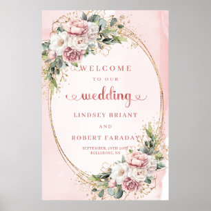Póster Elegante Bienvenida de Boda Floral Rosa Dorado