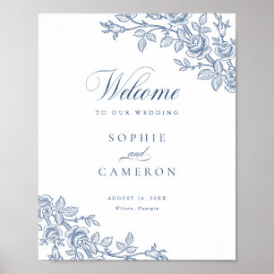 Póster Elegante Bienvenida de Boda Floral Vintage Azul Ma